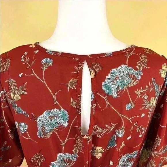 Sienna Sky Maroon Floral V-Neck Faux Wrap Cinch Waist Knotted Back Top Size M - Picture 7 of 12
